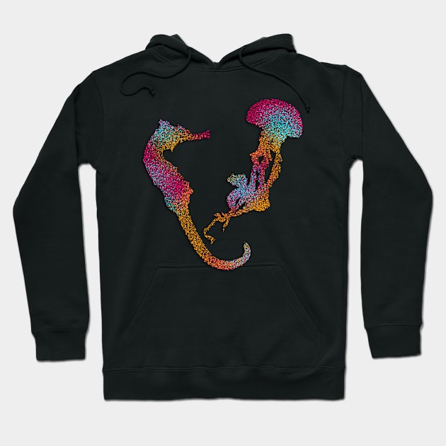 Glitter Sea Friends, Jellyfish and Seahorse Rainbow Graphic Hoodie by cherdoodles